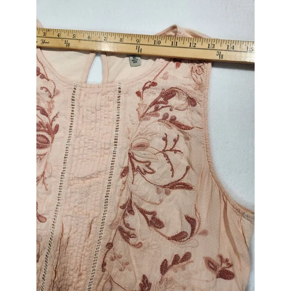 Lucky Brand Embroidered Peplum Tank Top Blush Pink Boho Pintuck Sleeveless XL